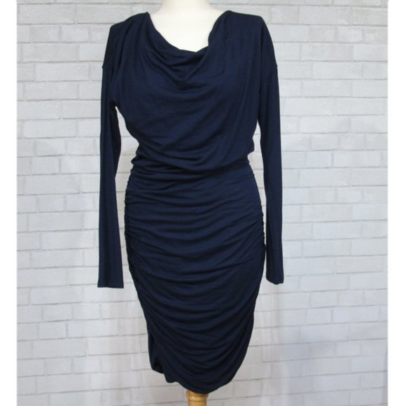Athleta Solstice Navy Cowl Neck Wool Blend Ruched Dress - Picture 2 of 4
